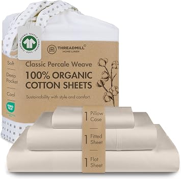 Threadmill 100% Organic Cotton Twin Sheet Set - GOTS Certified, 3 Piece, Beige - Soft and Breathable Sheets with All-Round Elastic Deep Pocket for Snug Fit, Healthy Bedding Set