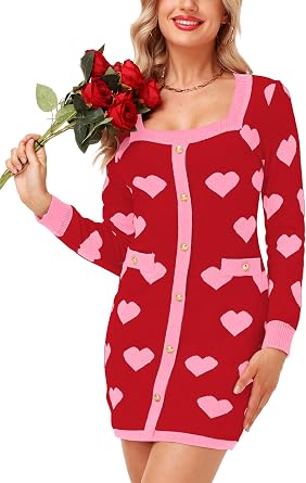 Womens Valentine Sweater Dress Long Sleeve Knit Pullover Heart Dresses