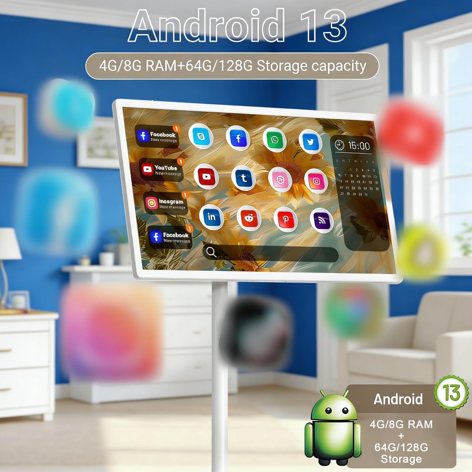 23.8" TV intelligente mobile wireless, Android 15 monitor touch portatile su ruote, display 1080P, 6GB RAM 128GB, fotocamera 13MP, batteria 8h, HDMI Type-C per smart home, ufficio