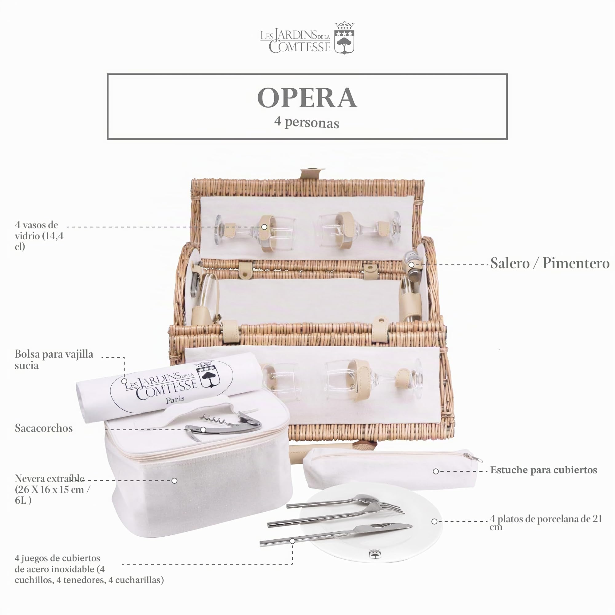 Les Jardins de la Comtesse - Cesta de Picnic Opera en Mimbre - Completa/4 Personas - Compartimiento Isotérmico Extraíble - Platos de Cerámica/Copas de Vino en Cristal - Tejido Beige - 47 x 30 x 30 cm