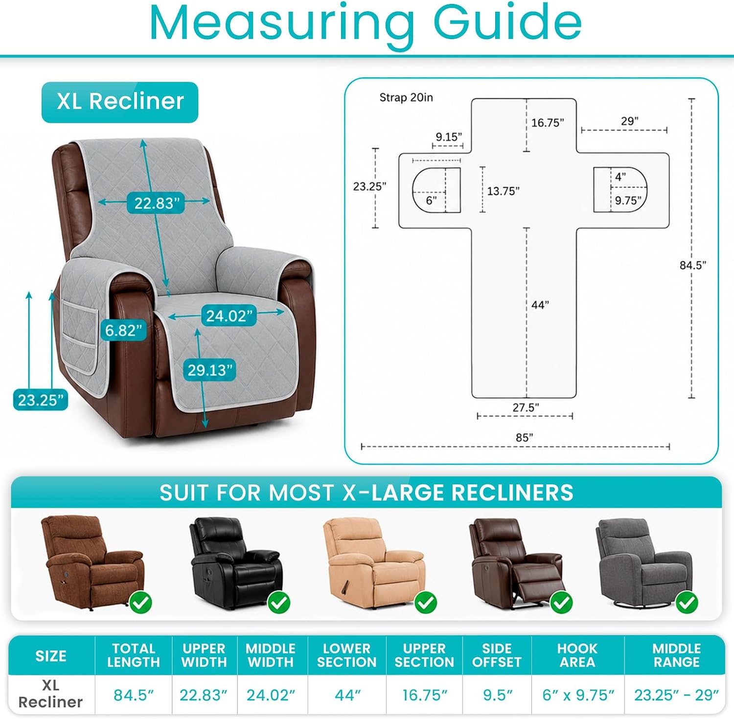 Sures Waterproof Recliner Chair Covers - Lazy Boy Armchair Slipcover, Stay in Place for Pets - Seat Covering for Electric Reclining Couch with Arms - Protector for Leather, Washable - for Incontinence