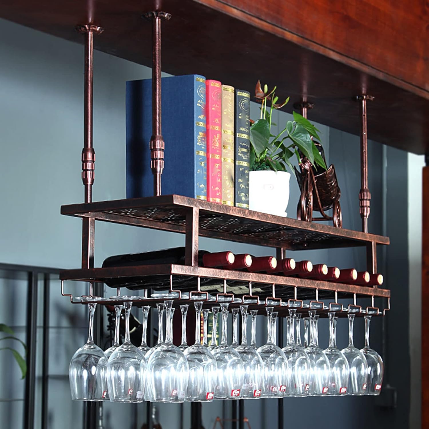 収納ボックス 吊りワインラック、鉄の金属天井フローティングシェルフ、レトロワイン