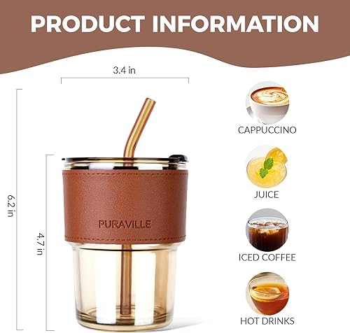 Miniatura 2 de Puraville Taza de café de 12 onzas, 2 tazas de vidrio con tapas y pajitas, juego de tazas de café con funda aislada, tarro de vidrio, ámbar