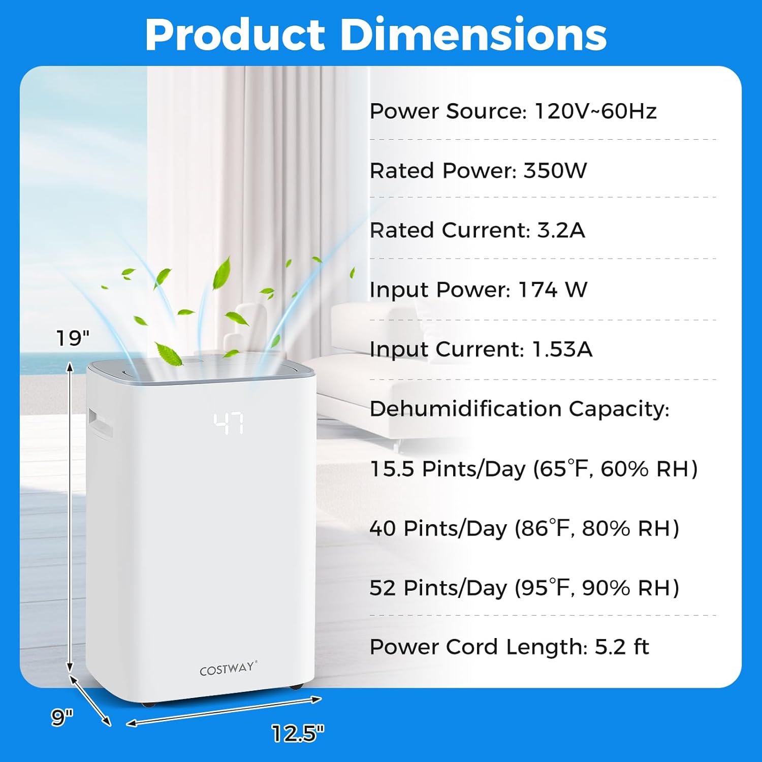 COSTWAY 52 Pint Dehumidifier for Basement, 3.3 FT Drain Hose, Clothes Drying Modes, Auto Defrost, Child Lock & 24H Timer, Home Dehumidifier for Bedroom, Bathroom, Garage