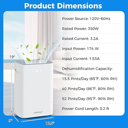 Miniatura 7 de COSTWAY Deshumidificador de 52 pintas para sótano, manguera de drenaje de 3.3 pies, modos de secado de ropa, descongelación automática, bloqueo para