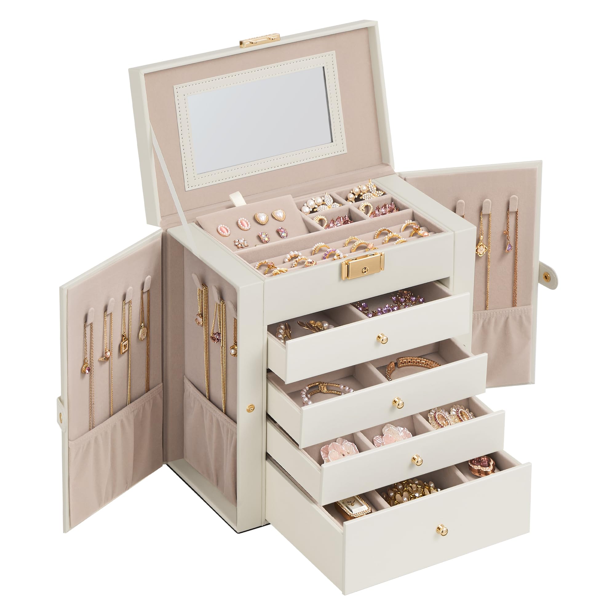 Songmics Cream White Jewellery Box 5 Layers, Lockable Jewellery Storage Organiser With 4 Drawers, Storage Case With Mirror, Gift For Loved Ones, For Watches, Jbc153wd03