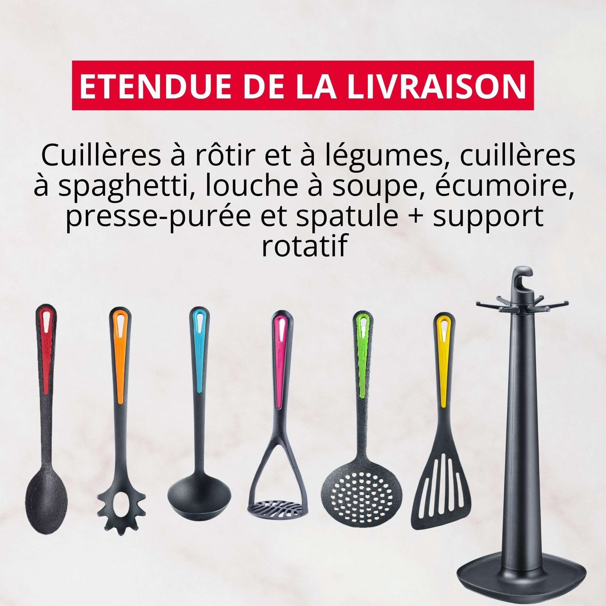 Westmark Ustensiles de Cuisine - Support Rotatif Souple avec Presse-Purée, Cuillère à Friture et Légumes, Cuillère à Spaghetti, Louche, Écumoire et Spatule - Multicolore, 7 Pièces