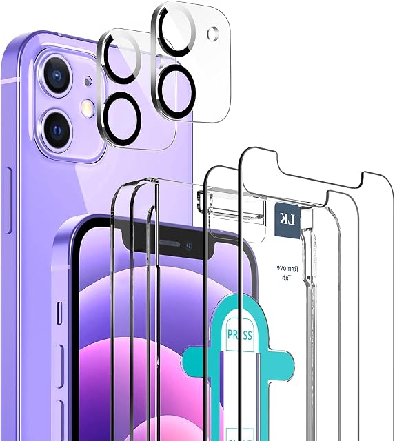 LK 4 Pack Screen Protector Compatible with iPhone 12/12 pro- 6.1 inch, 2 Pcs Tempered Glass & 2 Pcs Camera Lens Protector, 9H Hardness HD Ultra-Thin, Easy-Installation Tool, Case Friendly