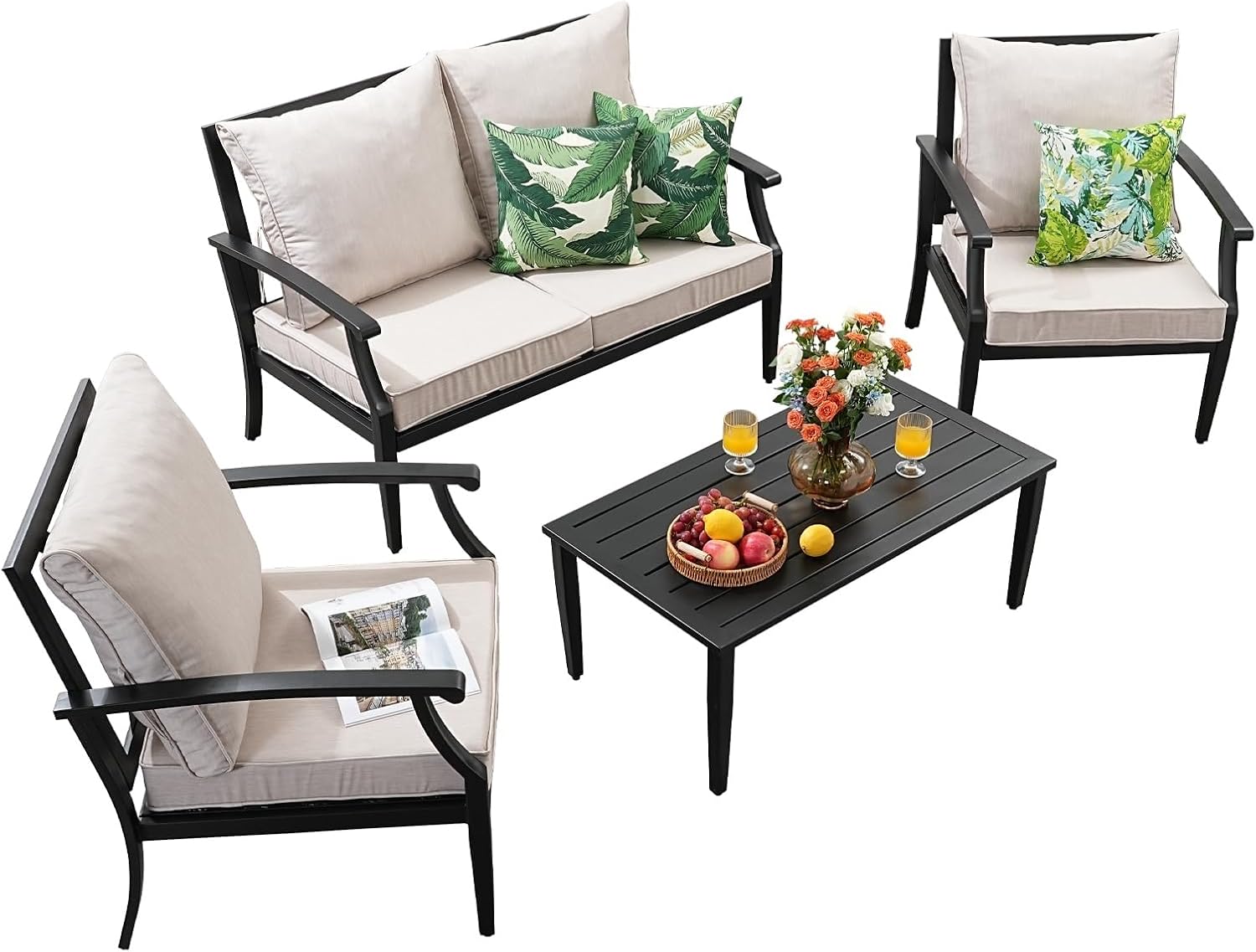 4 Piece Outdoor Patio Furniture Set Oversized Metal Conversation Sets with High Back Deep Seating Water-Repellent Cushions Coffee Table for Backyard Porch Balcony(Blue)