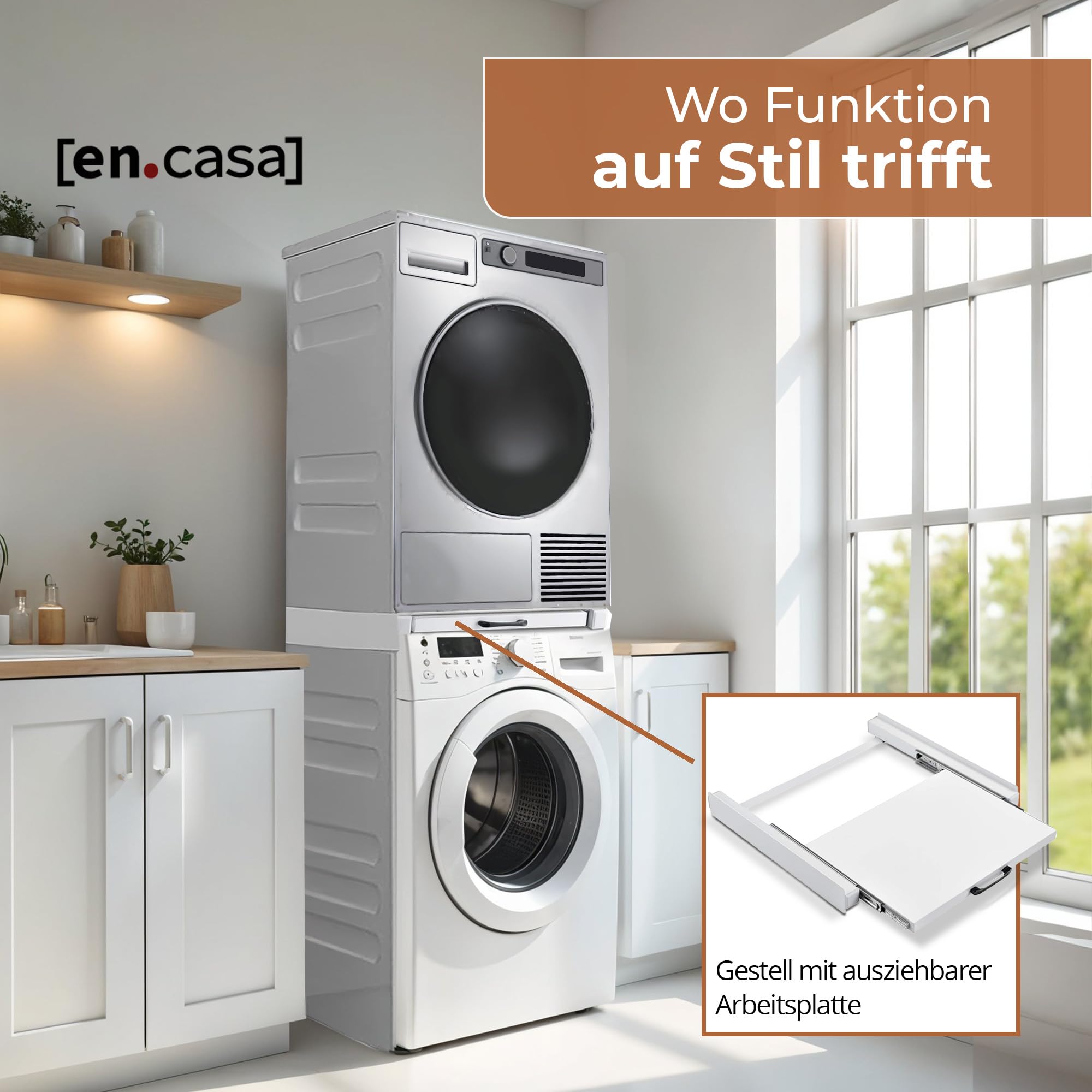 [en.casa] Universal Zwischenbaurahmen für Trockner & Waschmaschine (60cm Breite) - mit ausziehbarem Regal - Waschturm Verbindungsrahmen - Verbindung Alternative zu Waschmaschine Trockner Schrank