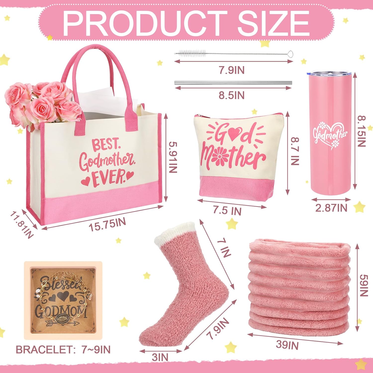 Geiserailie 6 Pcs Godmother Proposal Gift Set Stainless Steel Tumbler with Straw Godmom Bag Makeup Bag Blanket Bracelet Socks Will You Be My Godmother Proposal Gift for Mother's Day Birthday(Pink) - Image 3
