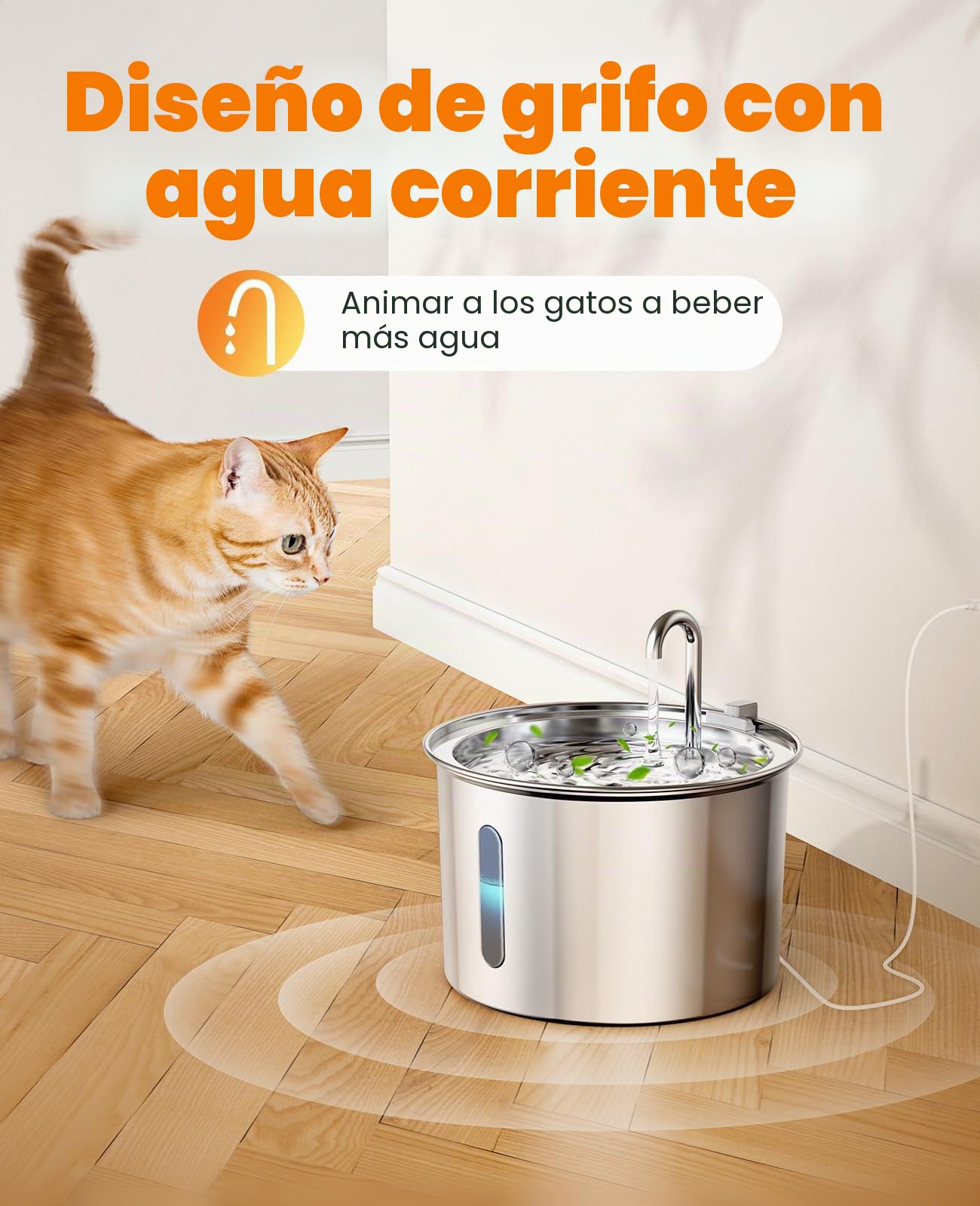 oneisall Fuente de agua potable para gatos, diseño de fuente para gatos de hierro fundido de acero de 2 L, fuente de agua para mascotas ultra silenciosa con paquete de 3 filtros, cuenco de agua para