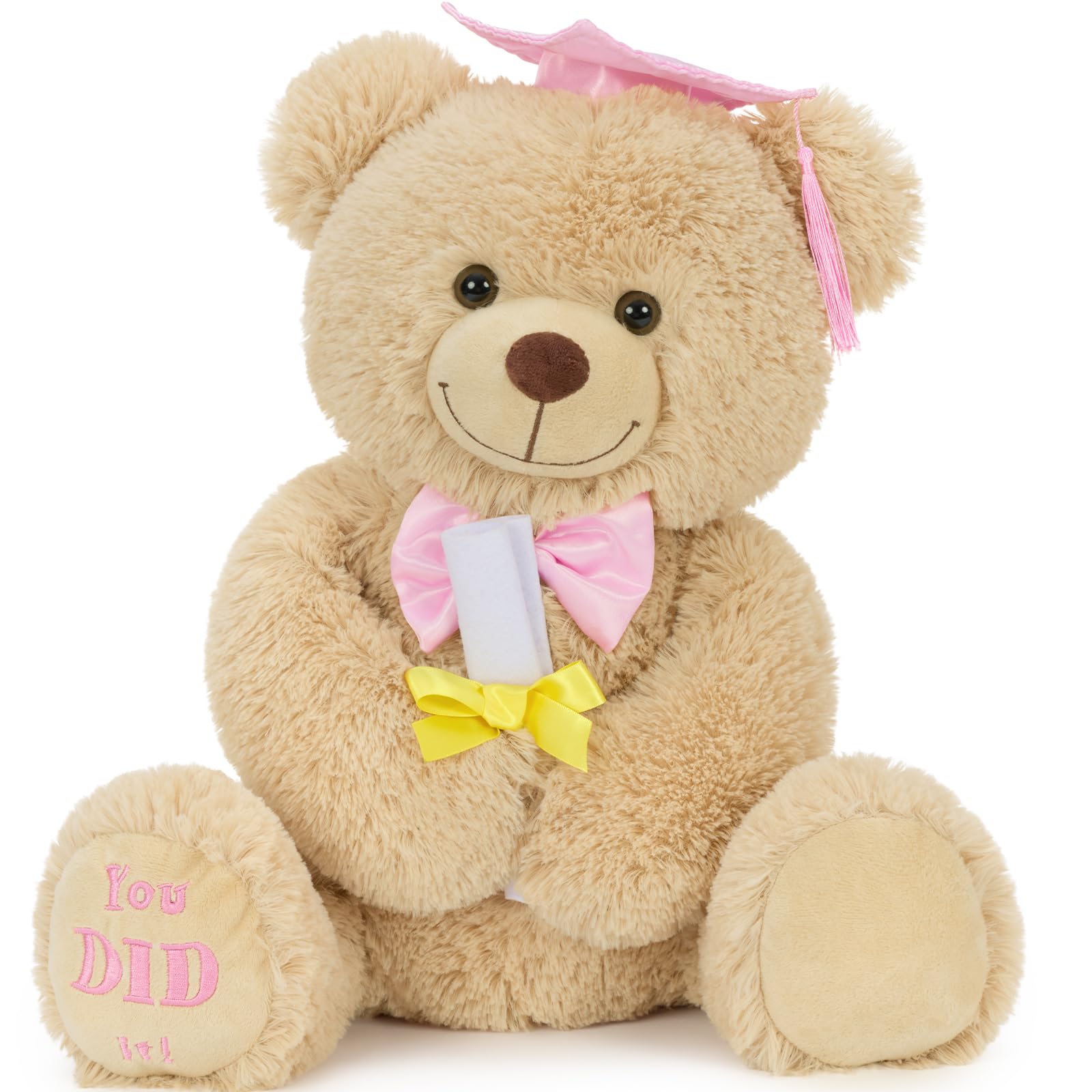 MaoGoLan 45cm Graduation Teddy Bear, Cute Bear with Pink Hat & Bow, Graduation Party Gift (Light Brown) — image 1