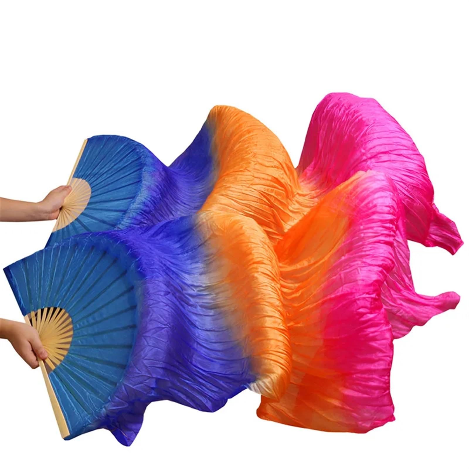 Eventail de Danse Orientale Éventail de Danse du Ventre en Soie véritable, Long éventail en Soie, Fait à la Main, Couleur dégradée Soie Fan Veil Danse(16,2XL-250x90Real Silk)