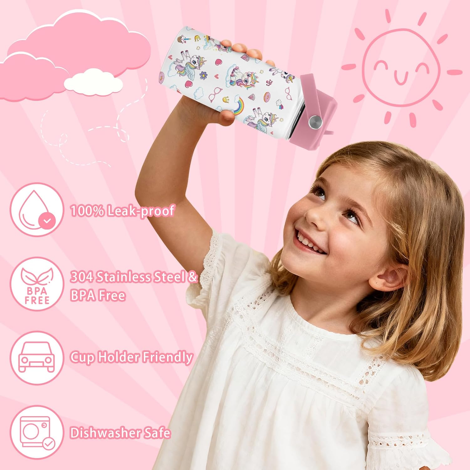 Unicorn Water Bottle, 16oz Unicorn Girls Stainless Steel Insulated Water Bottle with Straw Lid, Unicorns Cup Tumbler Birthday Gifts for Kids Teen Girls School - Image 4