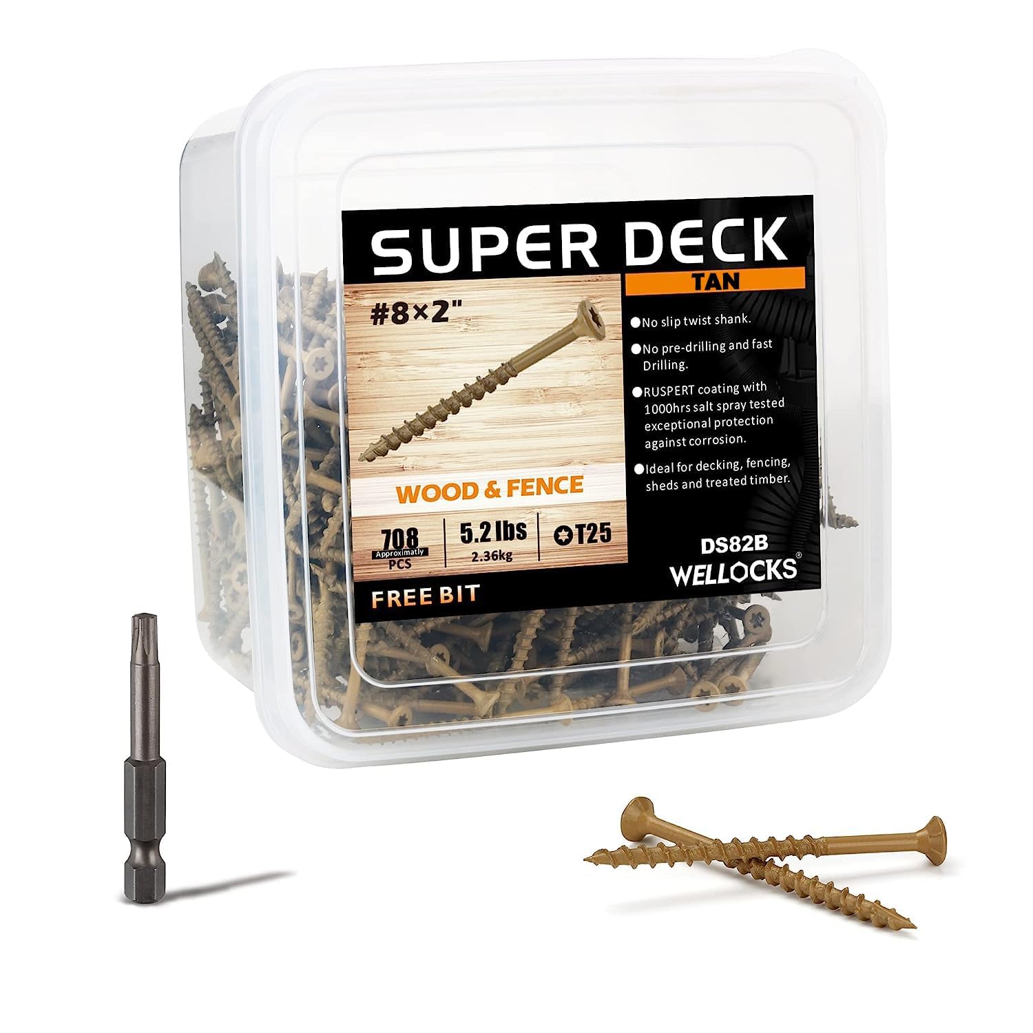 WELLOCKS Deck Screws, Wood Screws, Tan, Superior Rust Resistant, Epoxy Coated, Above 1000 Hour Salt Spray Coating T25 Torx Star Bit Included for