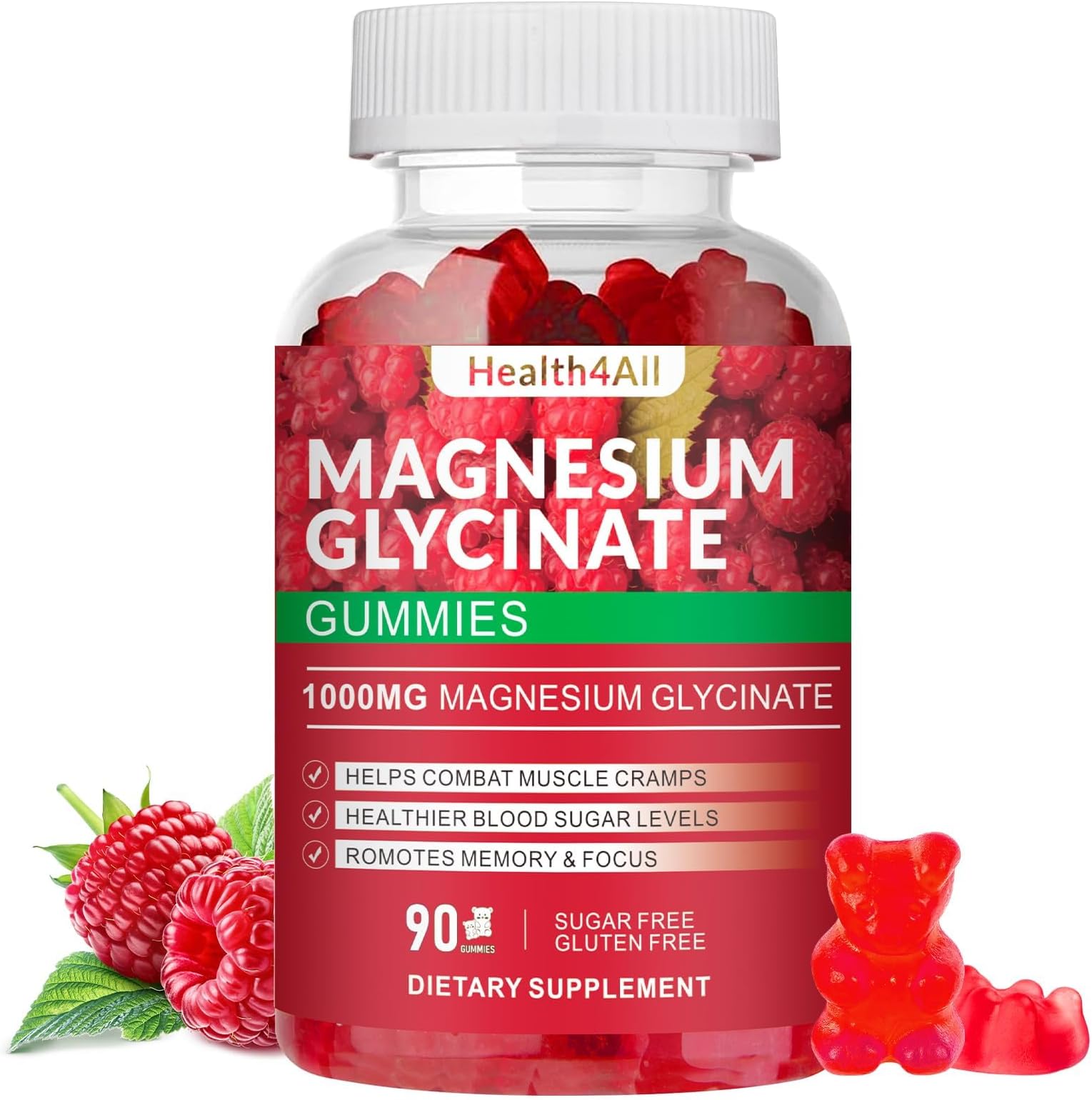 - Magnesium Glycinate Gummies 1000mg, High Absorption Sugar Free Magnesium Potassium Supplement for Relaxation, Stress Relief, and Sleep Support for Adults & Kids - 90 Raspberry Gummies