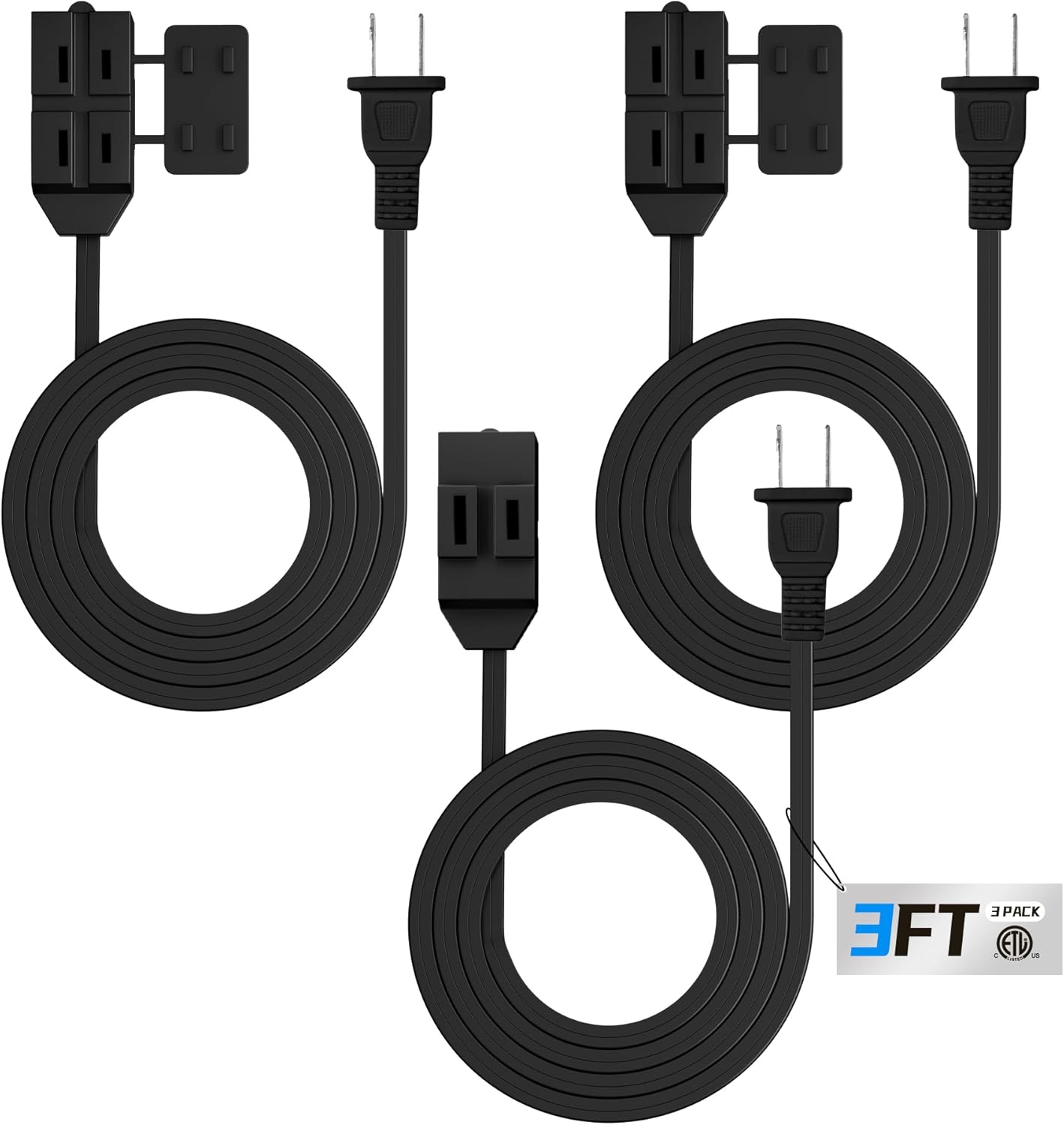 HBN Extension Cord, 3-Pack 3FT Black, 2 Prong Indoor Extension Cord 16/2 SPT-2, 13A, 1625 W, 3-Outlet Extension Cords for Home/Office Use