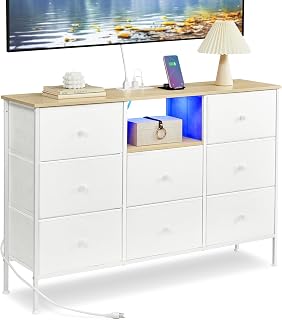 SONGMICS Dresser for Bedroom, Fabric Dresser with Power Outlets and LED Lights, TV Stand for up to 60 Inch TVs, 25 Colors, 11.8 x 47.2 x 31.3 Inches, Cloud White and Oak Beige ULTS518W01