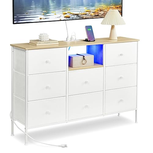 SONGMICS Dresser for Bedroom, Fabric Dresser with Power Outlets and LED Lights, TV Stand for up to 60 Inch TVs, 25 Colors, 11.8 x 47.2 x 31.3 Inches, Cloud White and Oak Beige ULTS518W01 - Cloud White + Oak Beige