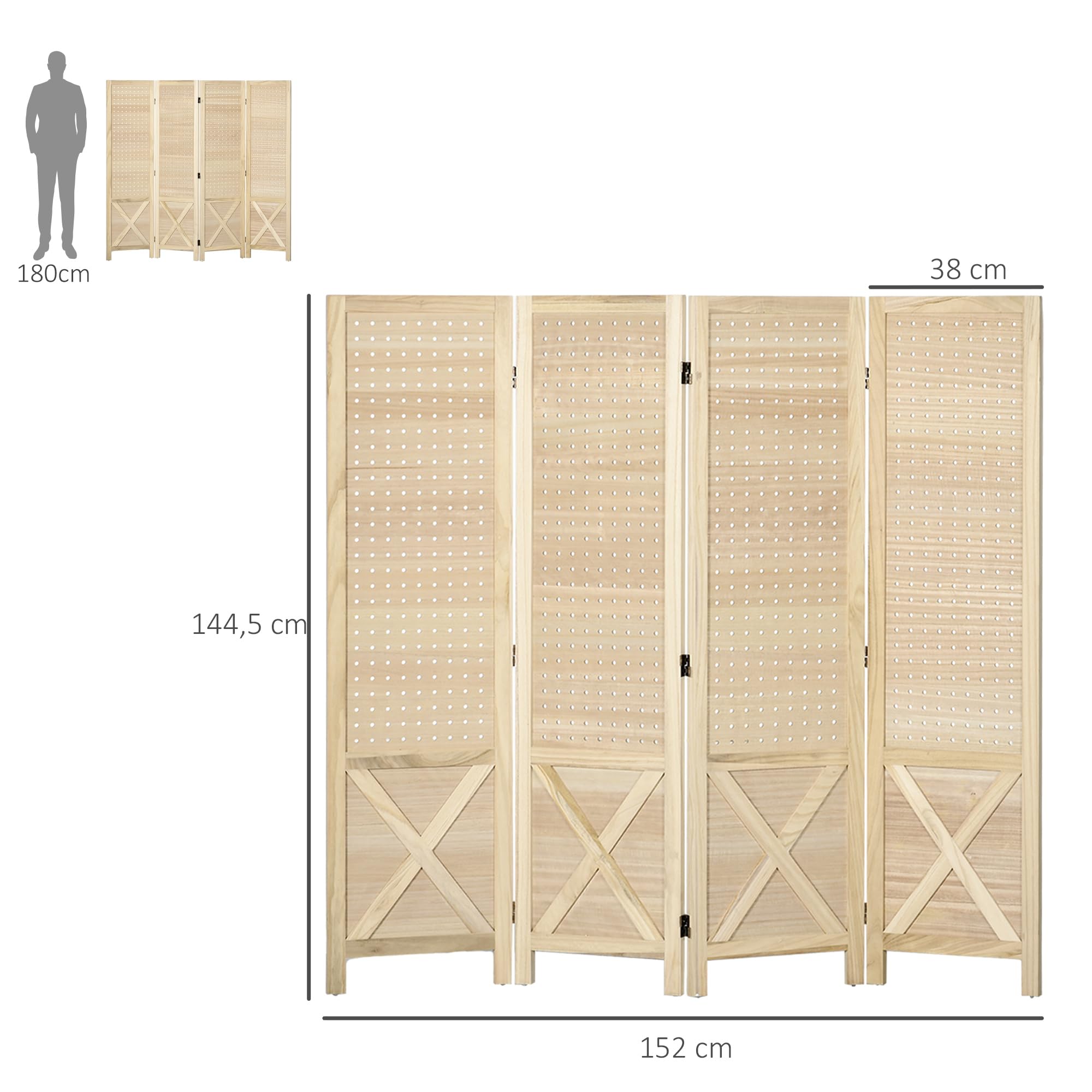 HOMCOM Paravent Intérieur en Bois 4 Panneaux 152 x 144,5 cm Bois Naturel | Panneau Perforé, Séparateur de Pièce Pliable, pour Salon, Chambre à Coucher, Maison