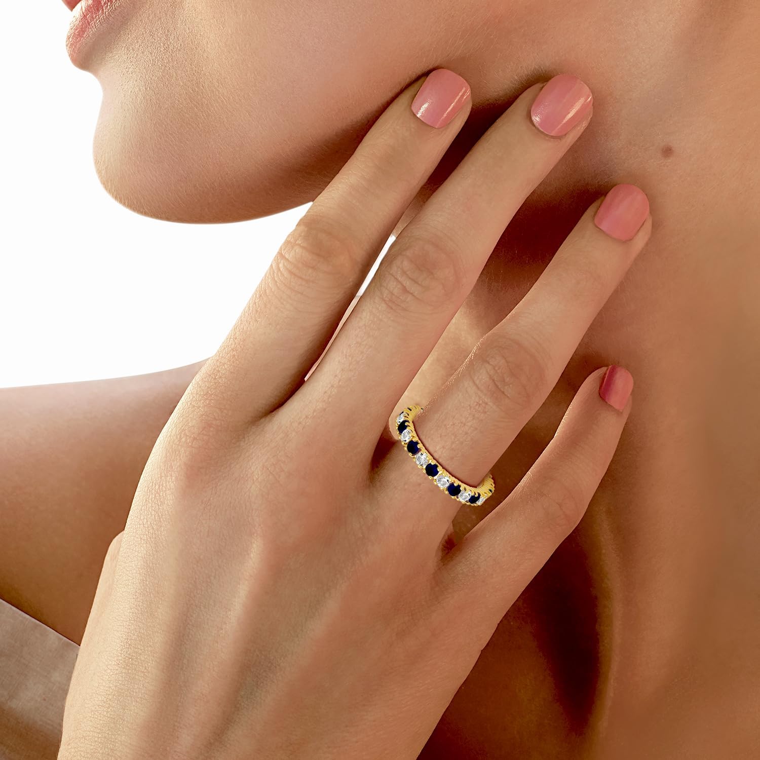 Jewelili Sterling Silver or Rose or Yellow Gold over Silver 2.5 MM Round Created White Sapphire and Simulated or Created or Genuine Gemstone Full Eternity Stackable Engagement Ring Size 7