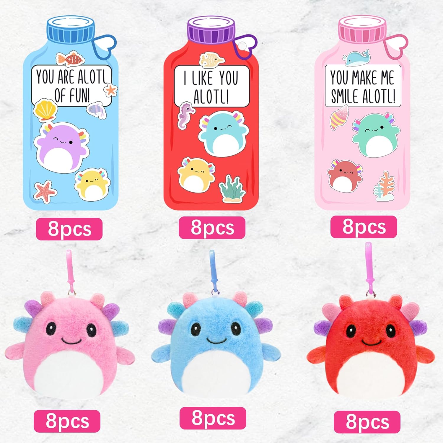 ORIENTAL CHERRY Valentines Day Gifts for Kids - 24 Pack Axolotl Plush Toys Keychains with Valentine Gifts Cards for Boys Girls Toddlers Friends Classroom School Exchange Party Favors - Image 2