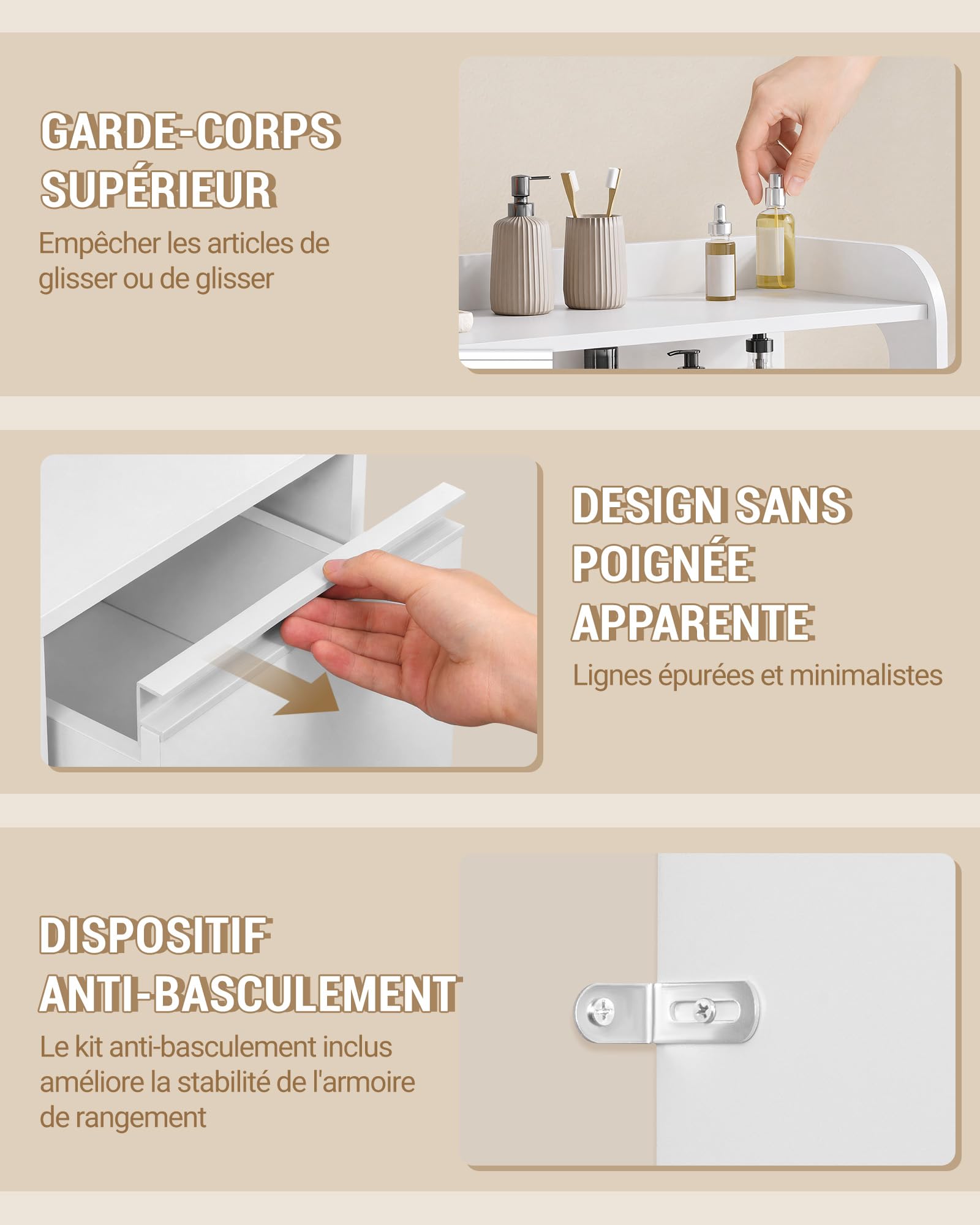 Hzuaneri Meuble Salle de Bain, Meuble de Rangement avec 3 Tiroirs et 2 Portes, Armoire sur Pied avec Étagère Réglable, Commode, Moderne, pour Salon, Salle de Bain, 30 x 80 x 92 cm Blanc 5280003X