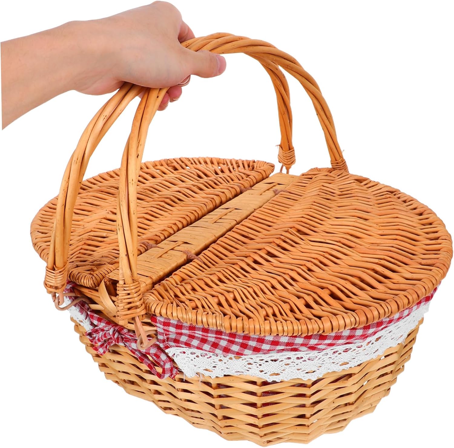 Handwoven Willow Picnic Basket with Lid and Removable Washable Liner Decorative Storage Hamper for Outdoor Picnics and Garden Gatherings Generous Capacity Stylish Design
