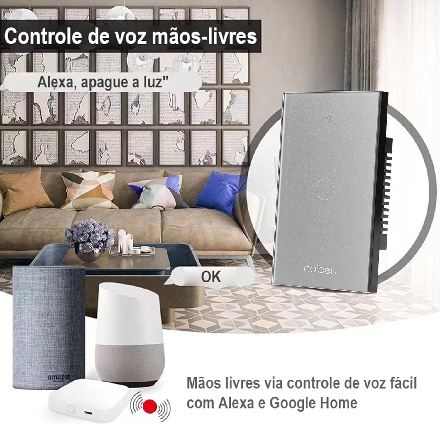 Interruptor Inteligente WiFi, Interruptor Smart Sem Fio Doméstico Multifuncional, Controle Remoto de Eletrodomésticos Por Celulares, Controle Por Voz, Cinza, 1 Botao, com neutro Interruptor Inteligente WiFi, Interruptor Smart Sem Fio Doméstico Multifuncional, Controle Remoto de Eletrodomésticos Por Celulares, Controle Por Voz, Cinza, 1 Botao, com neutro