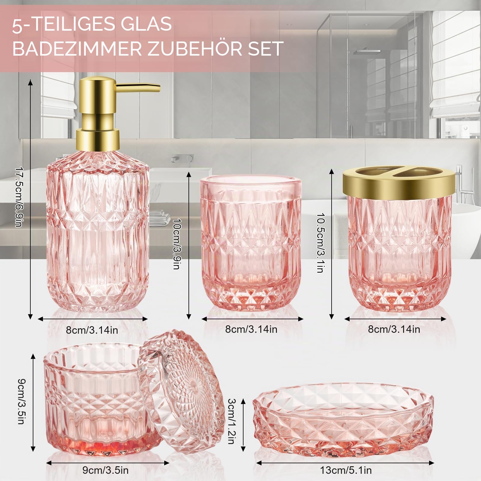 5 Stück Glas Badezimmer Zubehör Sets, Rosa Seifenspender Set mit Seifenspender, Seifenschale, Zahnbürstenhalter, Wattestäbchen Kanister, Becher, Badezimmer Deko Set, Badezimmer Organizer
