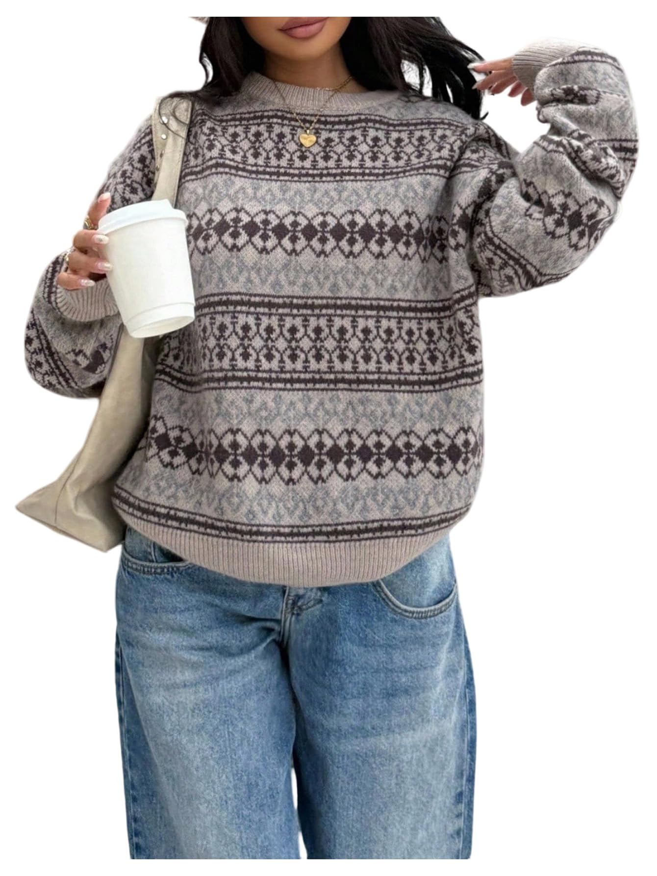 Milumia Womens Vintage Fair Isle Crewneck Sweater Geo Print Oversized Pullover Tops Fall 2025