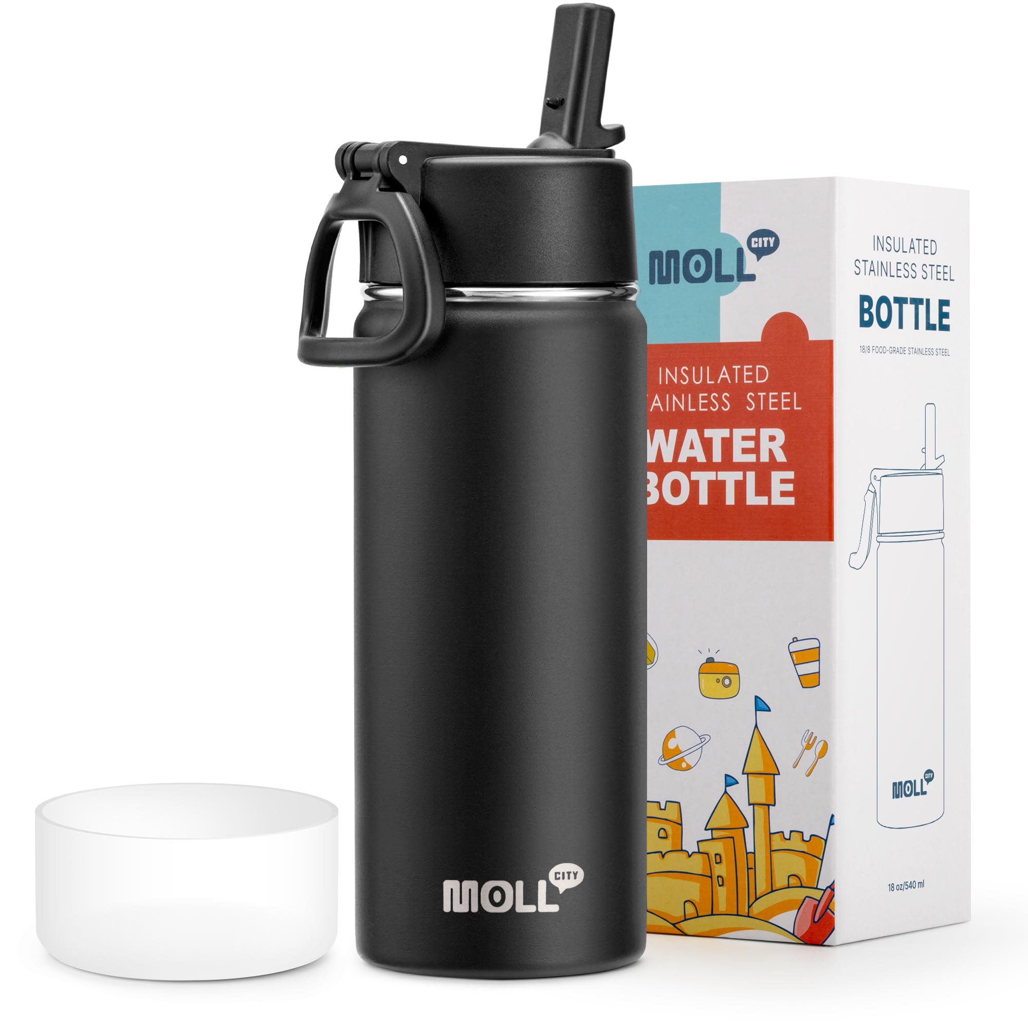 Insulated Water Bottle with Straw-18 oz Stainless Steel Double Wall Vacuum Wide Mouth Water Bottle with Silicone Boot