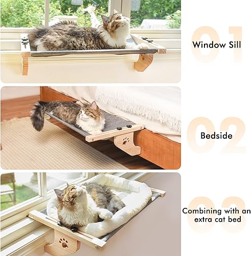 Miniatura 6 de AMOSIJOY Percha para ventana de gato resistente con marco de madera y metal para gatos grandes, cama para gatos grandes fácil de ajustar para