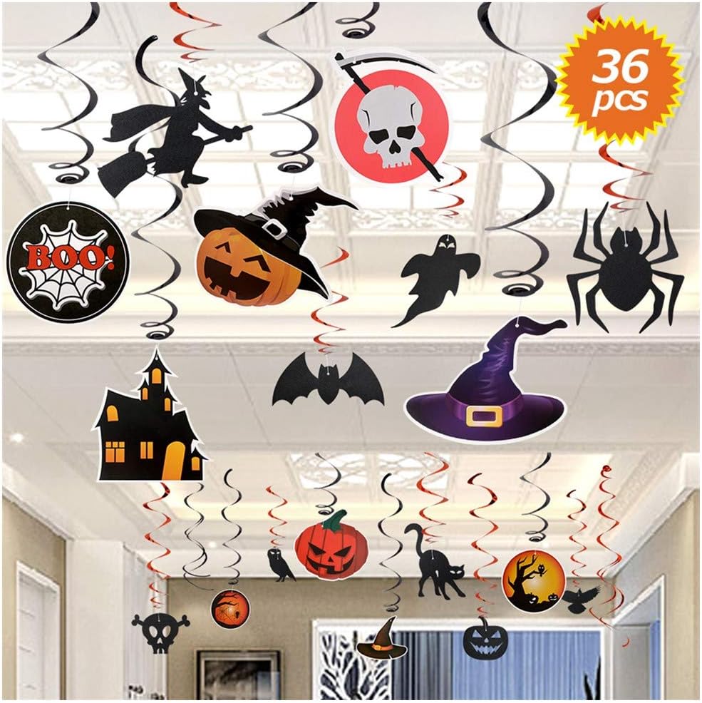 36Pcs Halloween Swirl Ceiling Hanging Decoration Window and Door Decoration Witch Bat Pumpkin Spider Skull Halloween Home Decorations for PartyKids RoomBar