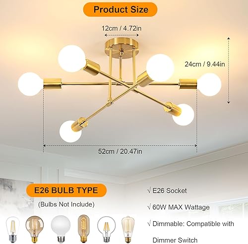Miniatura 4 de DELIPOP Candelabro Sputnik moderno, 6 luces doradas industriales de metal semiempotrado, lámpara de techo Sputnik con base E26 para comedor, sala de
