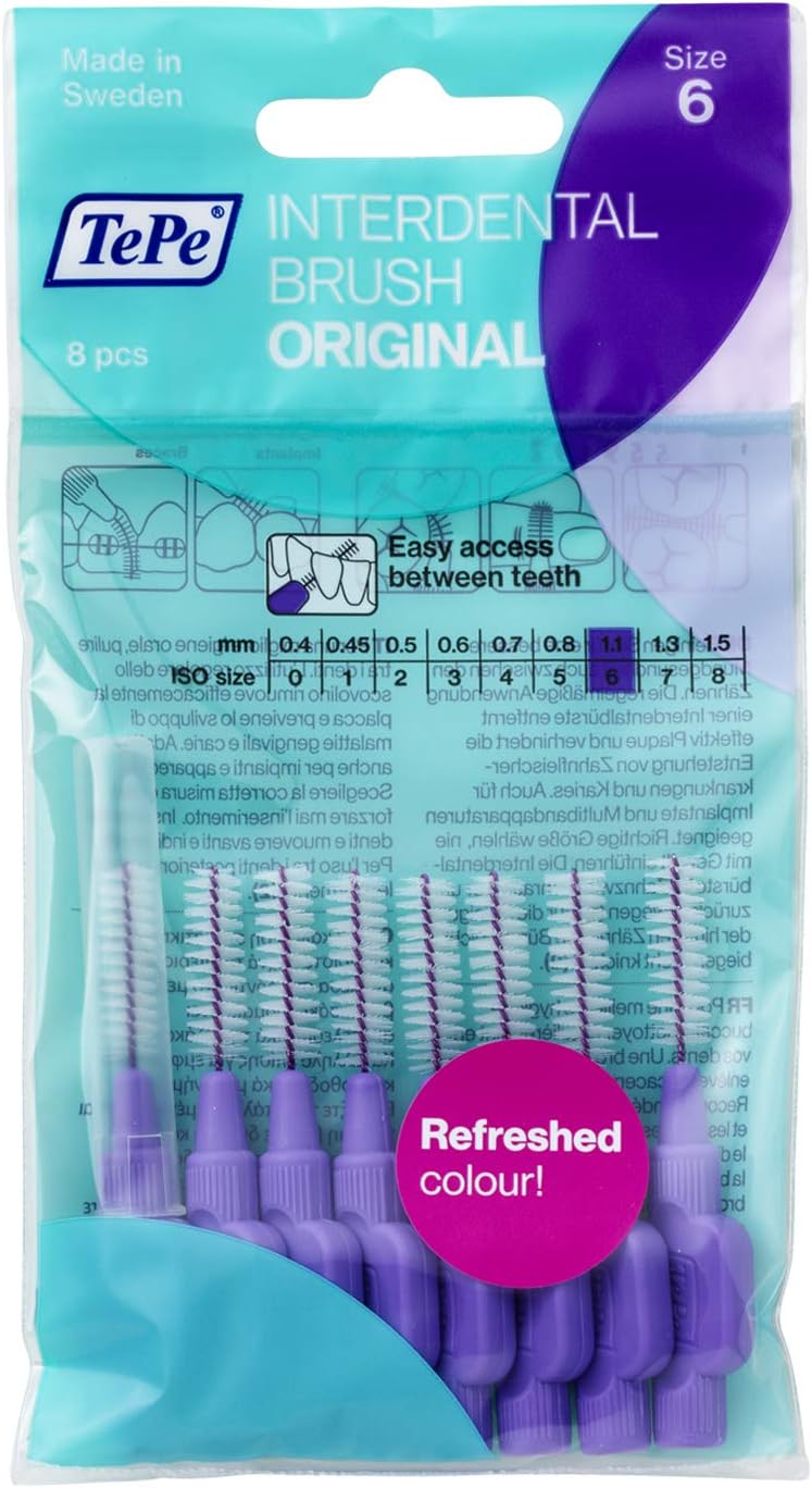 TePe Interdental Brush, Original, Purple, 1.1mm/ISO 6, 8pcs, Plaque Removal, Effective Cleaning Between Teeth, Dental flosser for Large Gaps