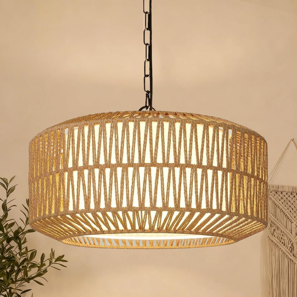 Farmhouse Chandelier Light Fixture, 5-Light Rattan Boho Chandelie...