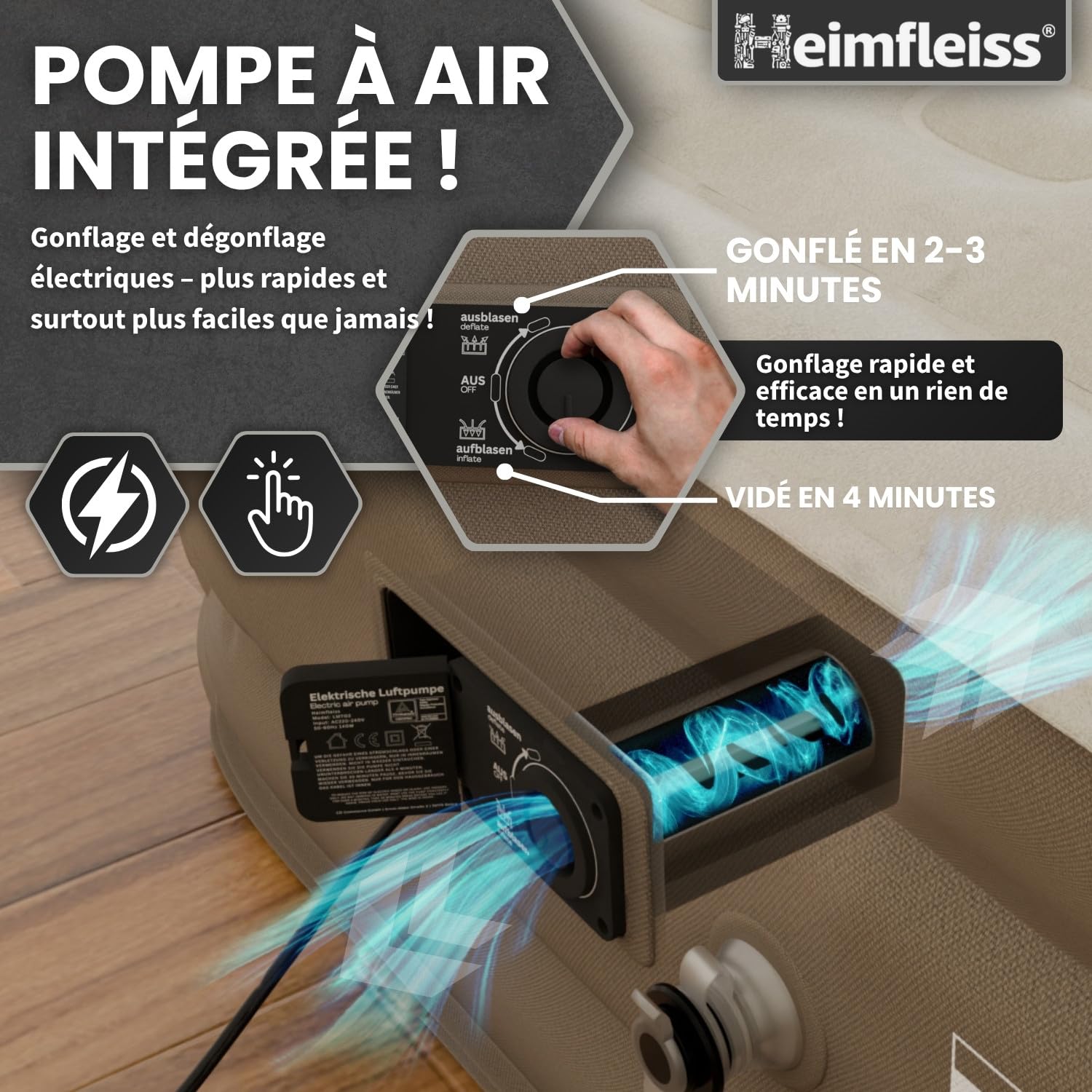 Heimfleiss® Matelas Gonflable 2 Personnes Electrique | Lit Gonflable Premium 150x200/45cm/ 2 Places | Matelas Gonflable Rapide avec Pompe Électrique Intégrée | Matelas d'Invités Autogonflant & Camping
