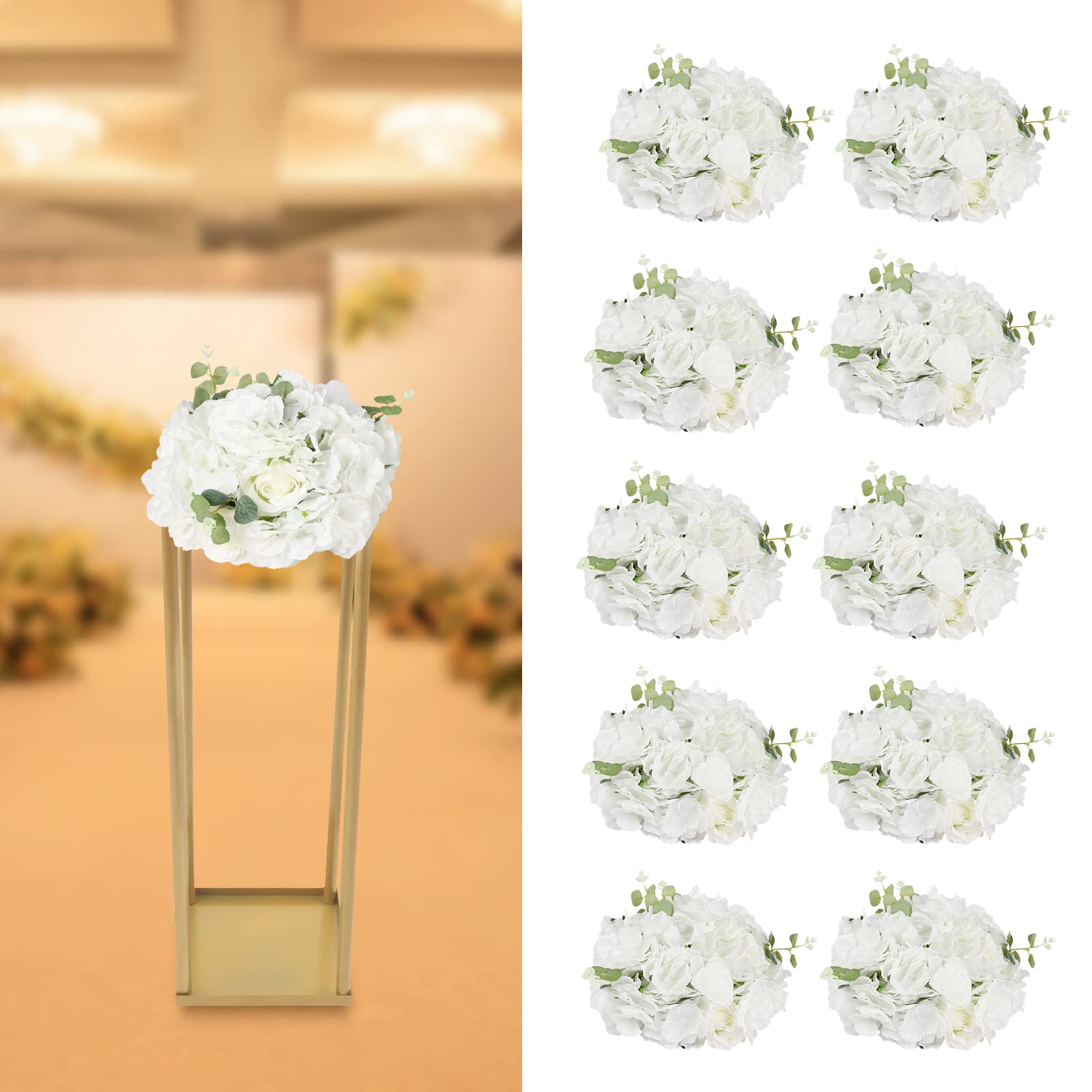 Bola de flores artificiales, 10 unidades, bolas de flores para centros de mesa, flores artificiales, rosas blancas y verdes y hortensias, arreglo de bolas de flores para decoración de bodas, bolas de