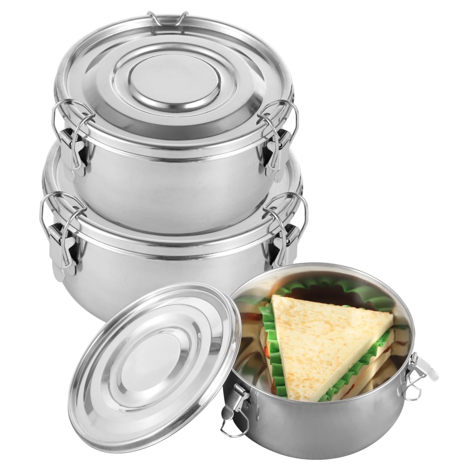 Packool 304 Stainless Steel Leak-Proof Food Storage Containers, Dishwasher Safe Lunch Boxes, Round Airtight Stainless Steel Containers, 660 ML 1040 ML 1950 ML Sizes, 3 PCS Bento Box Set
