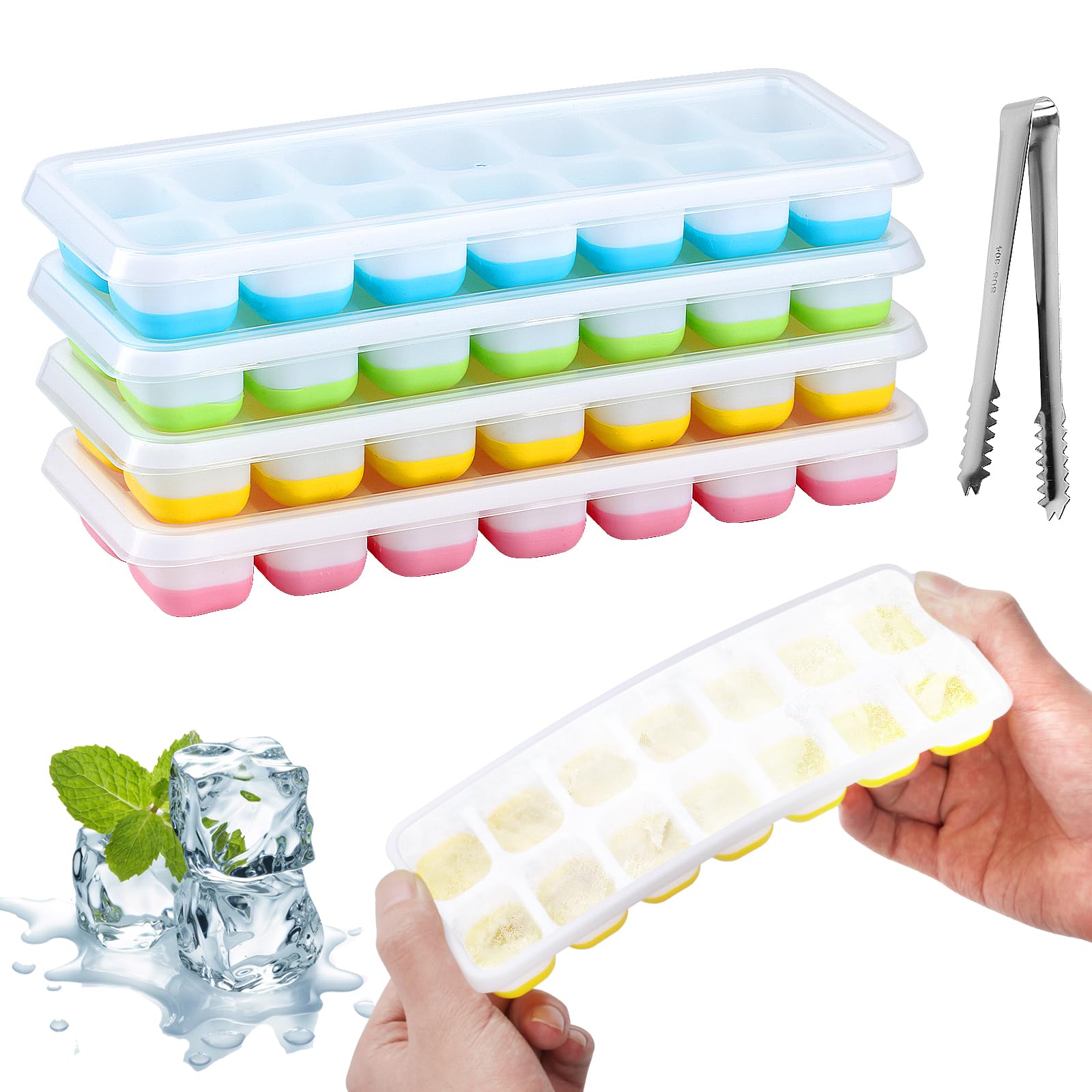 4 Vassoi Per Cubetti Di Ghiaccio Con Coperchio - Silicone E PP, Impilabili, Senza BPA, 56 Cubetti Totali