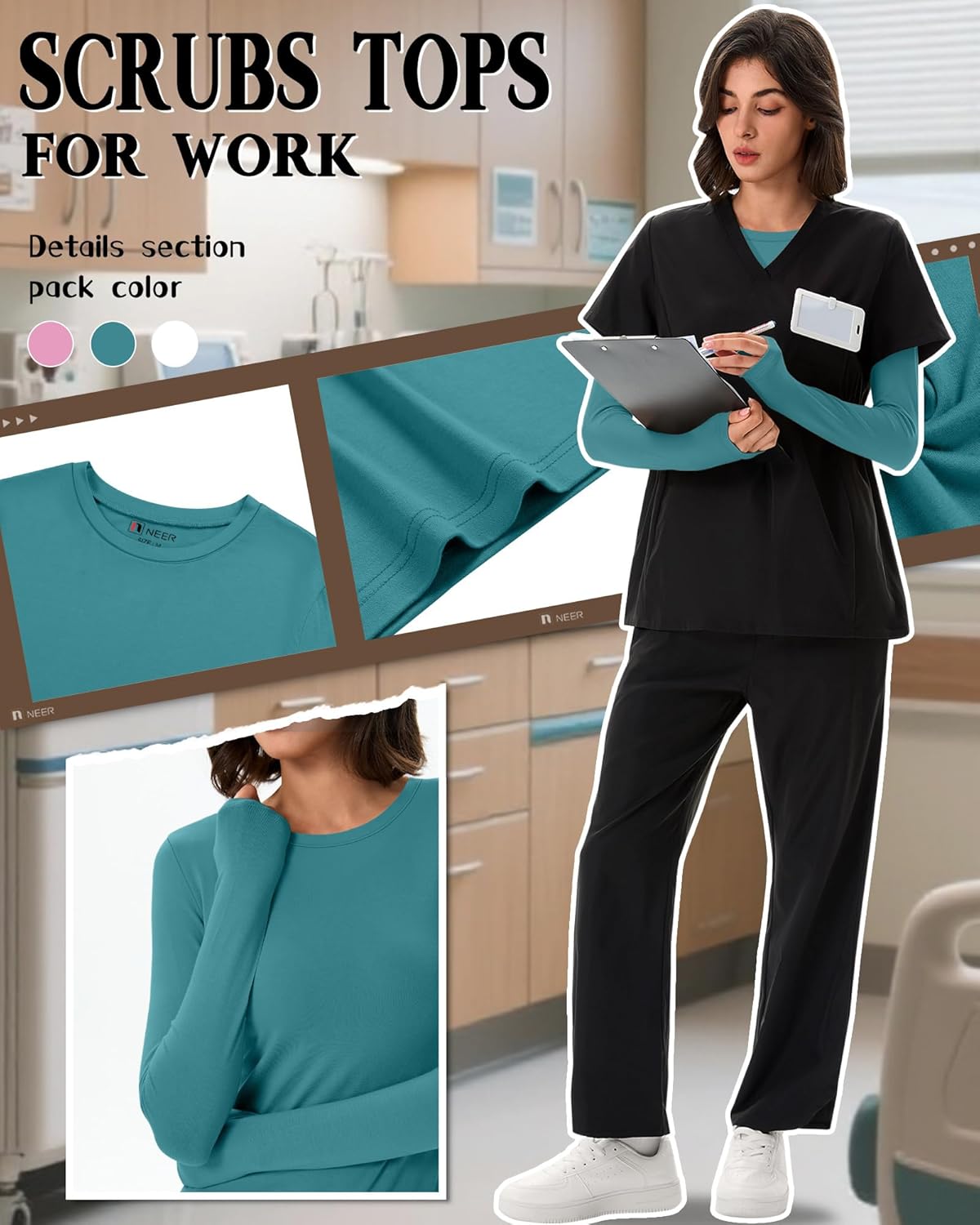 Neer 3 Pack Womens Underscrub Shirts Long Sleeve Crewneck Tops Fitted Layering Clothes Comfort Knit Tops for Nurse White, Lake Green, Pink X-Small