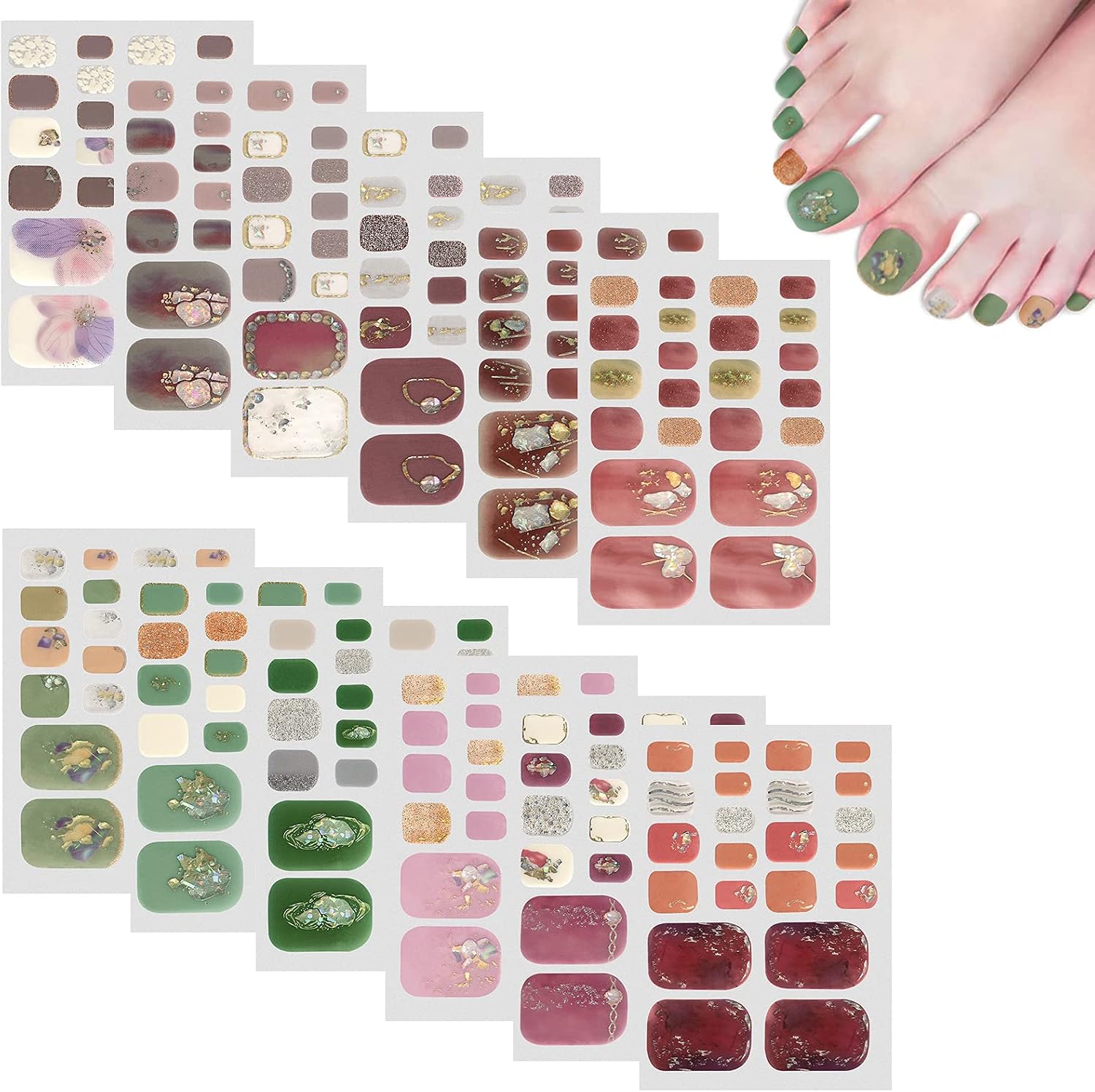 SIUSIO 264 pcs 12 Sheets Full Nail Wraps Nail Polish Stickers Imitation Diamond Pearl Shell DIY Glitter Glue Adhesive Nails Art Sticker for Women Girls(Star Night)