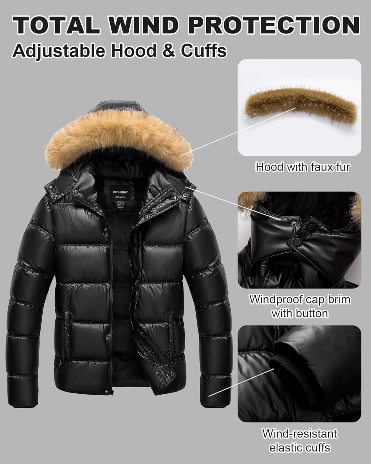 Men's Puffer Jacket Winter Coat Puffy Parka with Fur Hood Waterproof & Windproof Shell Fleece lining 4 Pockets - Image 4