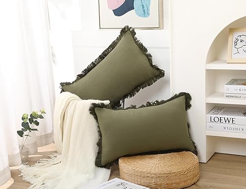 Miniatura 2 de Juego de 2 fundas de almohada de lino natural con flecos, funda de almohada lumbar neutra verde oliva decorativa con borlas elegantes fundas de
