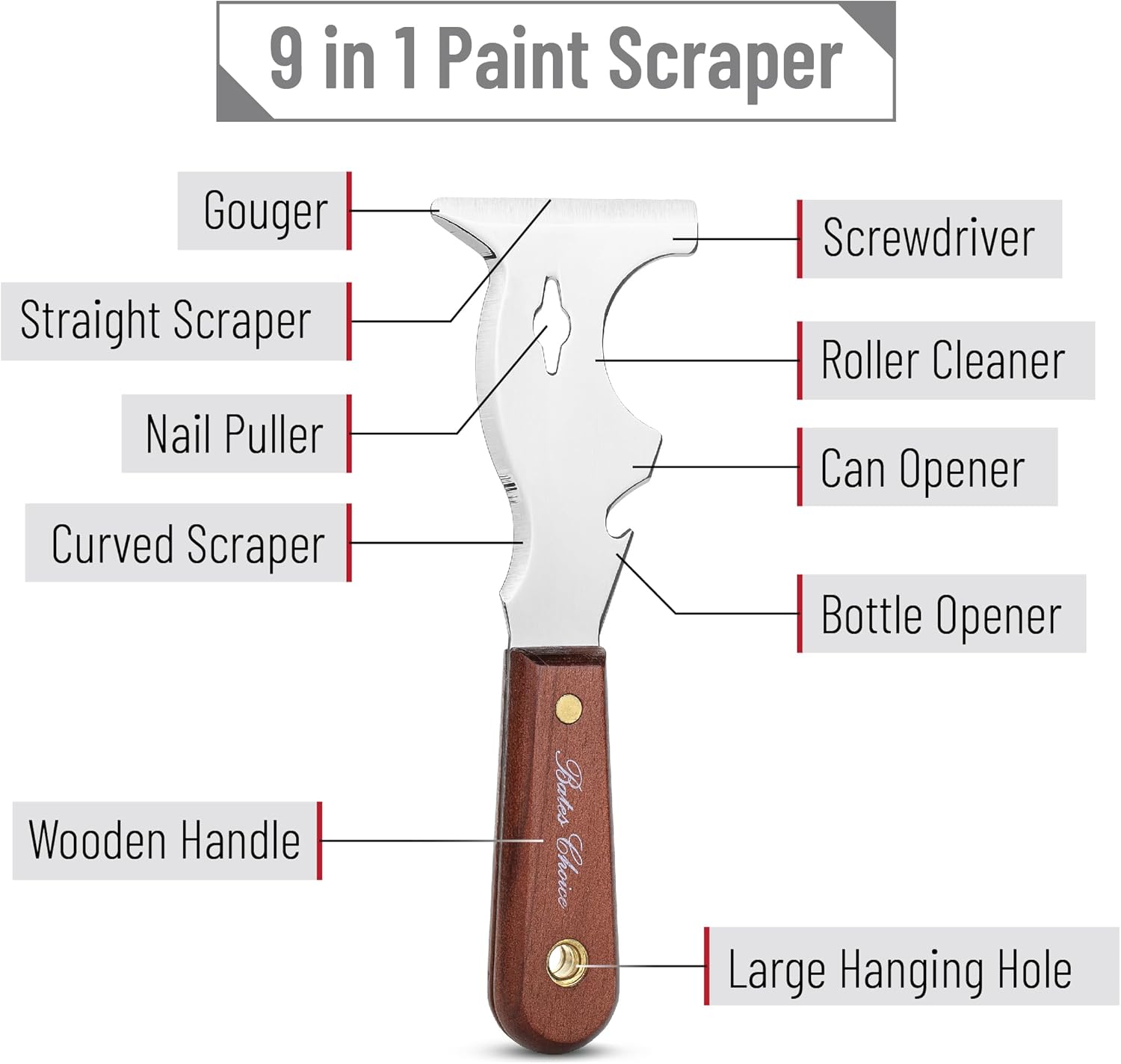Bates- Paint Scraper, 9 in 1 Painters Tool, Mahogany Wooden Handle, Paint Scrapers for Wood, Painters Tool, Painters Knife, Paint Scraper for Painting, Putty Knife, Metal Scraper, Spackle Knife