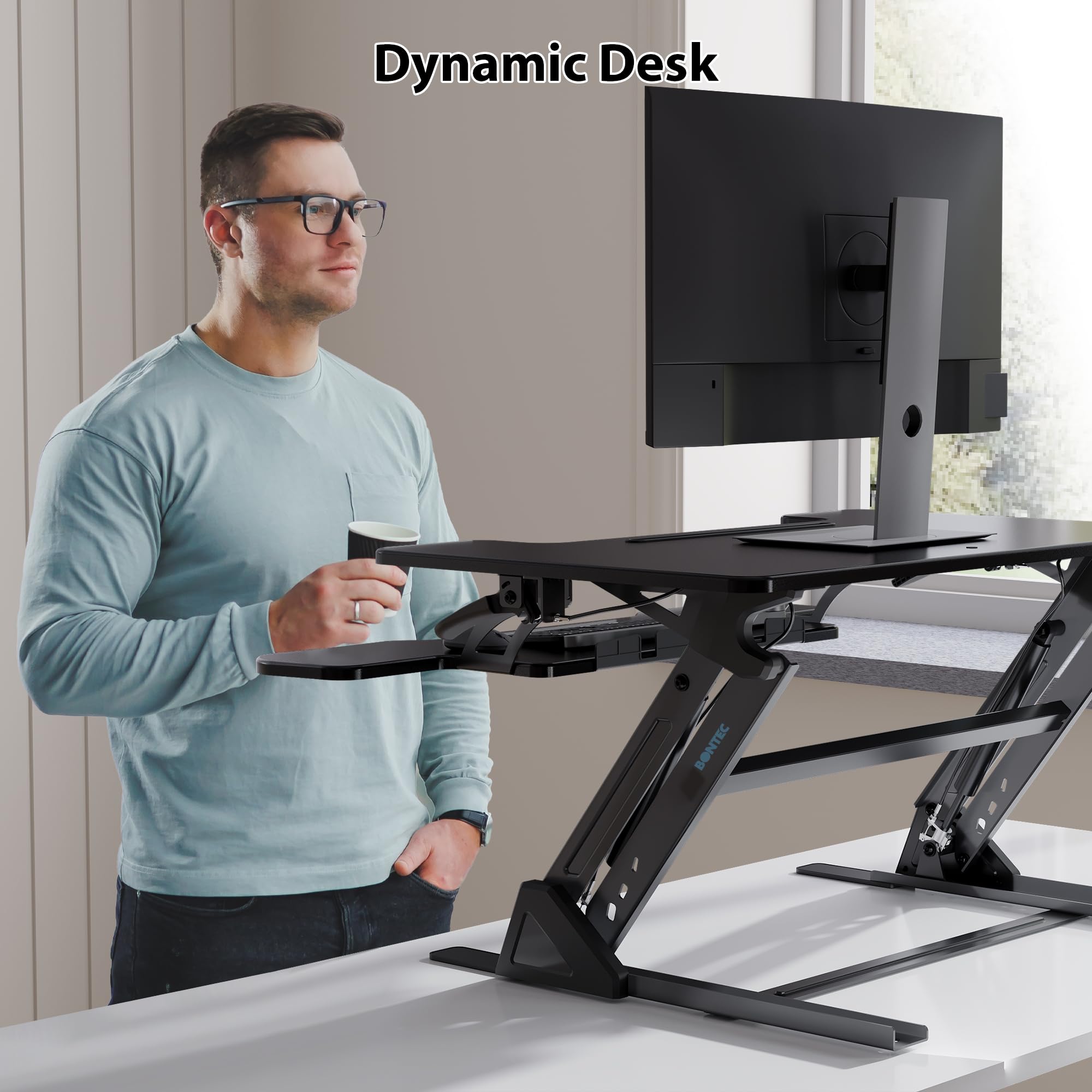 BONTEC Escritorio Elevable de Pie, Convertidor de Escritorio Ajustable con Resorte de Gas Doble, Plataforma para Doble Monitor 81,3cm x 52,2cm, Capacidad 15kg, Diseño Ergonómico, Fácil Montaje