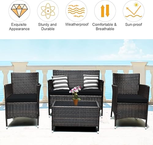 Miniatura 5 de COSTWAY Juego de muebles de patio de ratán, 4 piezas, acolchado, sofá, silla, mesa de café, color negro