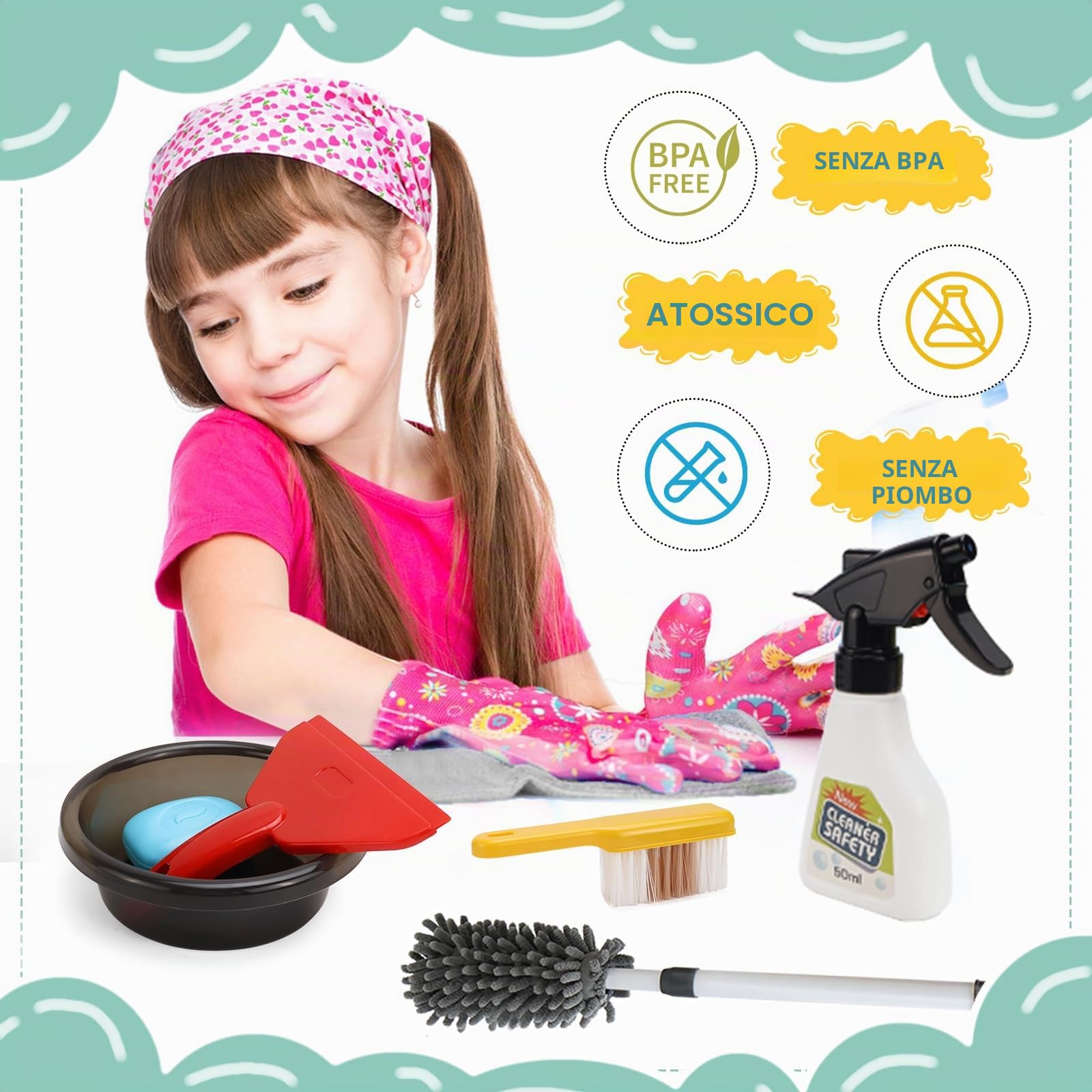 Set di 14 spazzole per bambini, aspirapolvere per bambini, a partire dai 2 anni, set di pulizia per bambini con aspirazione e funzione audio (A-14)